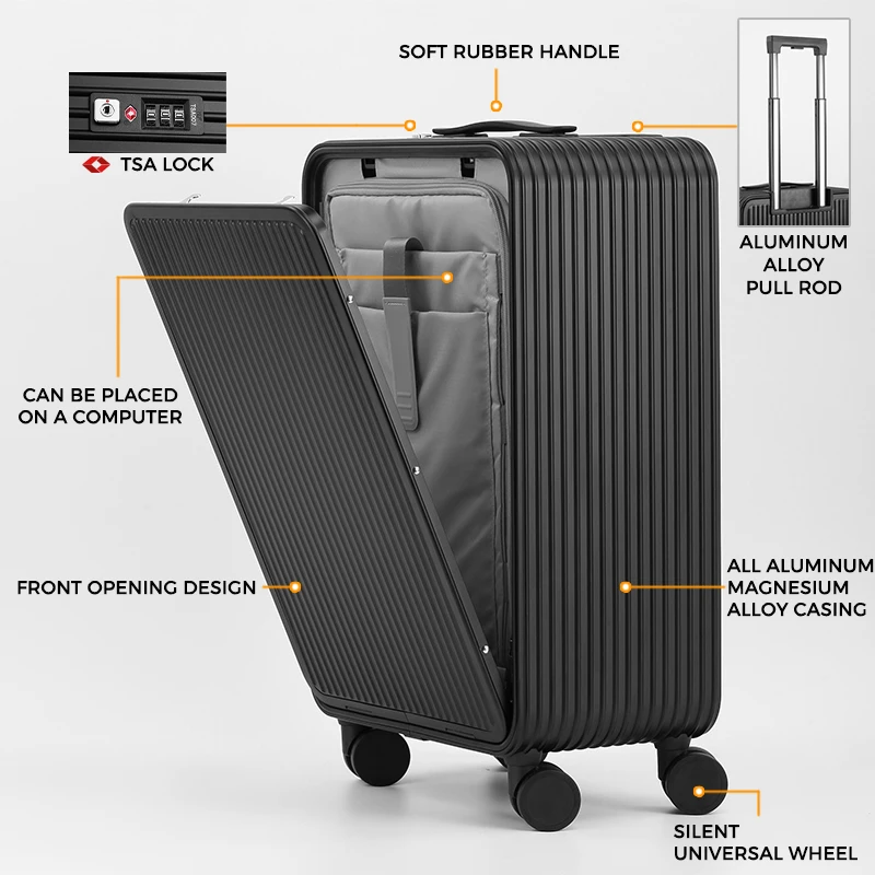 מזוודה ניידת 20 אינץ' מסוג Carry-On עם גלגלים מסתובבים (Spinner), נעילת TSA, עמידה במים, נגד גניבה, סגנון מינימליסטי לעסקים, עם פתיחה קדמית