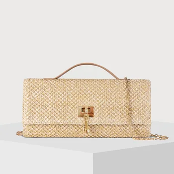 2025 New Women's Crossbody Bag Leather Straw Woven Single Handle with Zip Cover Closure Hot-Selling for Summer