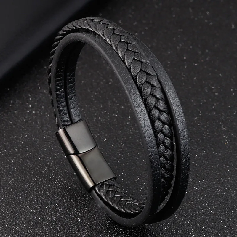 Men’s 8-Inch Black Braided Leather Bracelet – Stainless Steel & 316L Metal, Box Clasp