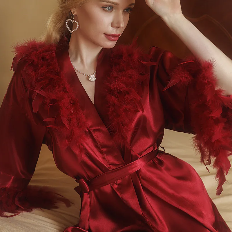 Déshabillé Peignoir Burlesque Pin-Up Rouge - Avec Plumes Et Résille, Taille Unique, Glamour