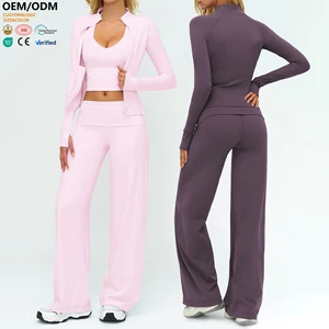 XW-TZ5529-4 Women Sports Tank Top Jacket Straight Leg Gym Clothing Outfit Breathable Elastic Long Sleeve 3 Piece Yoga Wear Set