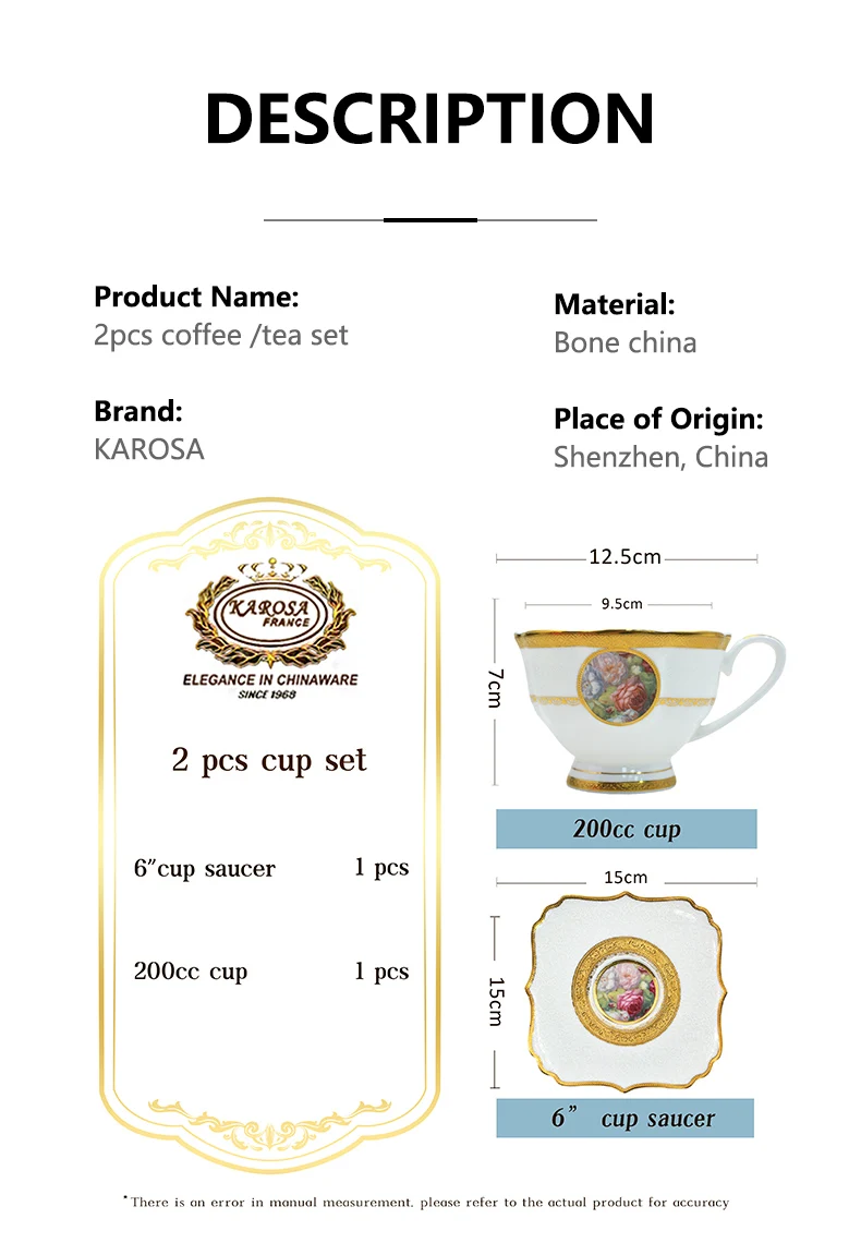2pcs Royal Bone China Porcelain Ceramic Elegant Roses Gold Luxury Tea Coffee Tea Cup & Saucer Set for Wedding Hotel Cafe Store