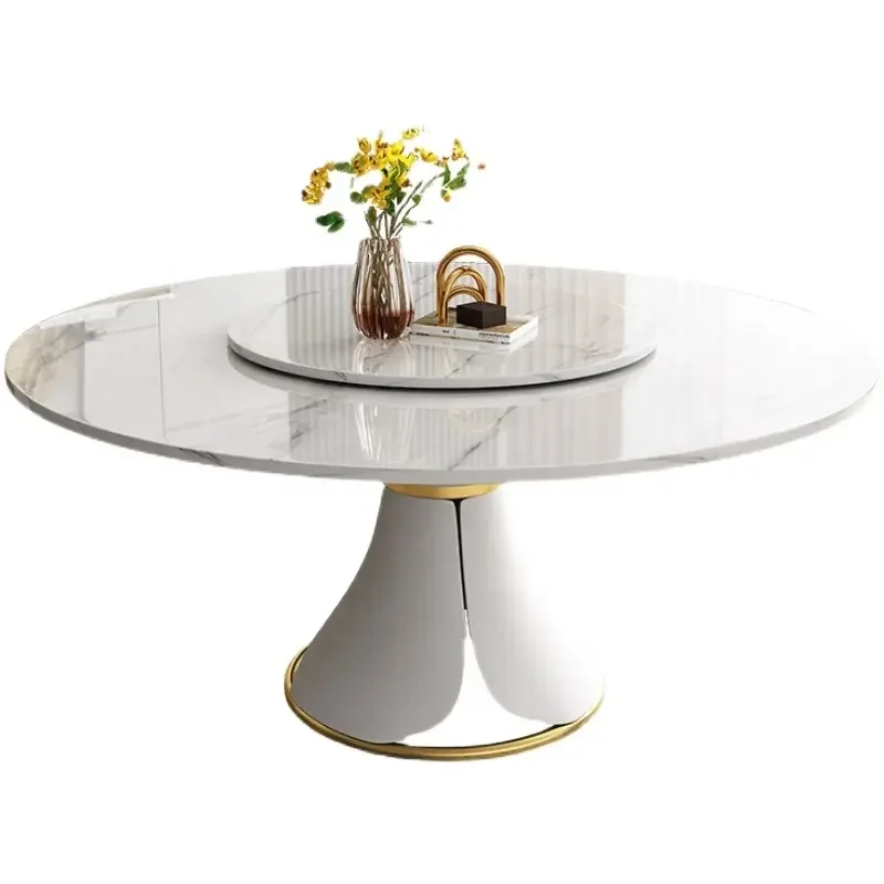 Роскошный обеденный стол из спеченного камня, круглый обеденный стол для гостиной, вращающийся стол из нового материала под заказ, обеденный стол из мрамора со стульями