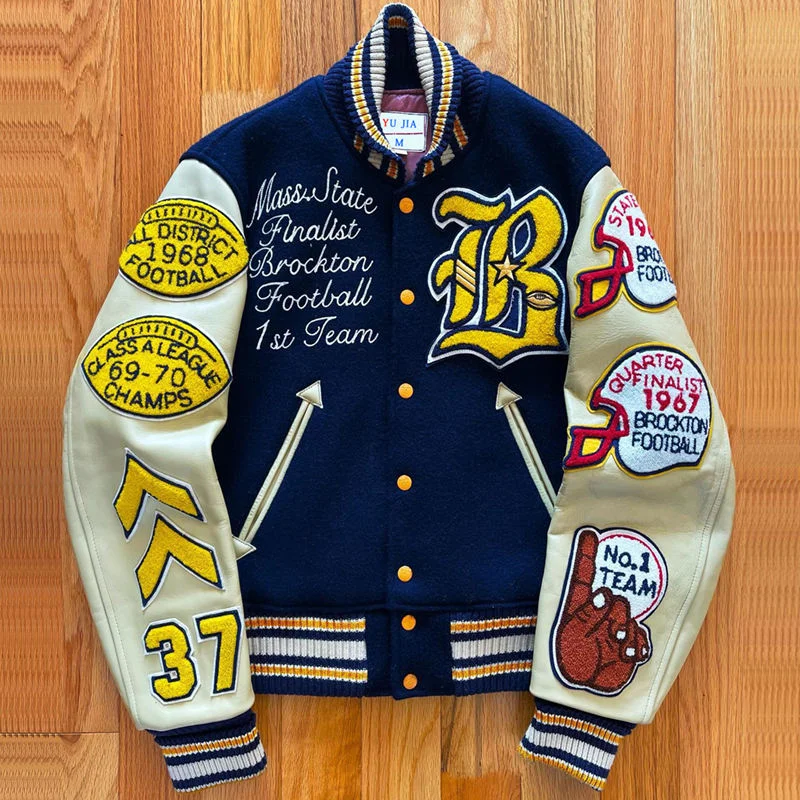 SALATI Manufacture OEM Custom Logo Embroidery Bomber Jackets Leather Sleeves Retro Letterman Baseball Varsity Jacket for Men