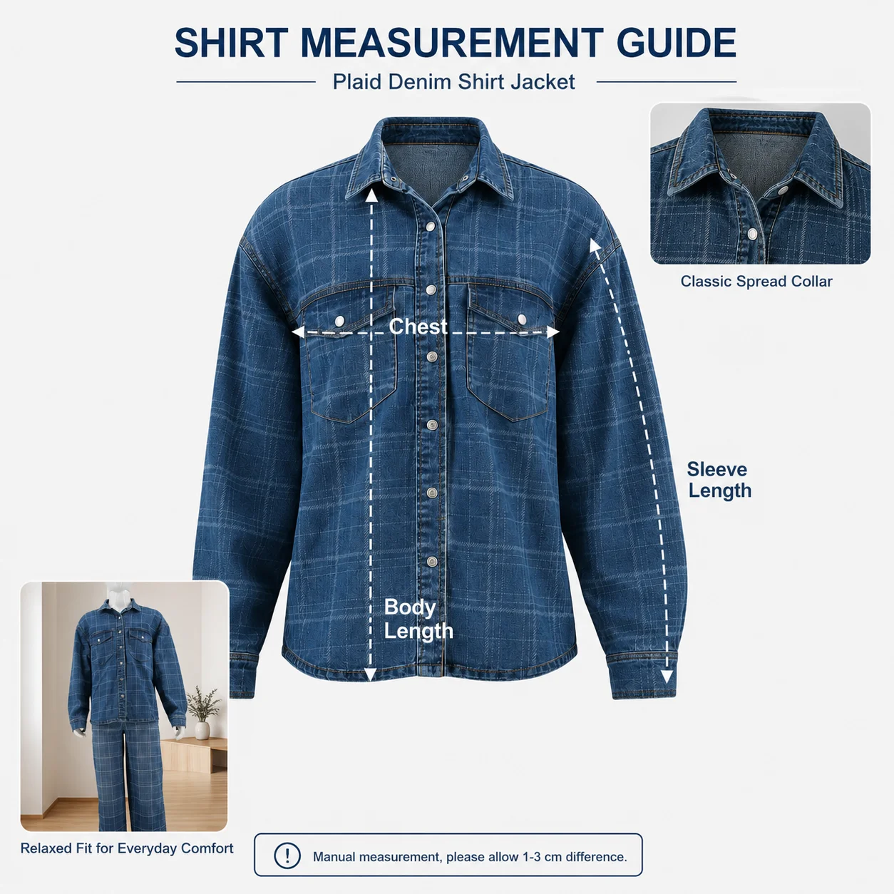 Mens Blue Plaid Denim Shirt Jacket and Wide Leg Pants Set Casual Long Sleeve Outfit