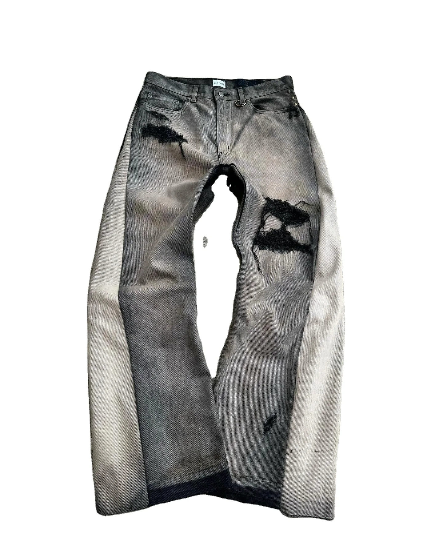 Salati Custom Trousers Manufacturer Designer Wax Patchwork Distressed Wash Vintage Wide Leg Ripped Denim Pants Flared Jeans Men