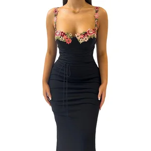 Custom High Quality Summer  Spaghetti Straps Flower Printed Dress Sleeveless Madi  Elegant Casual Women's  Dresses