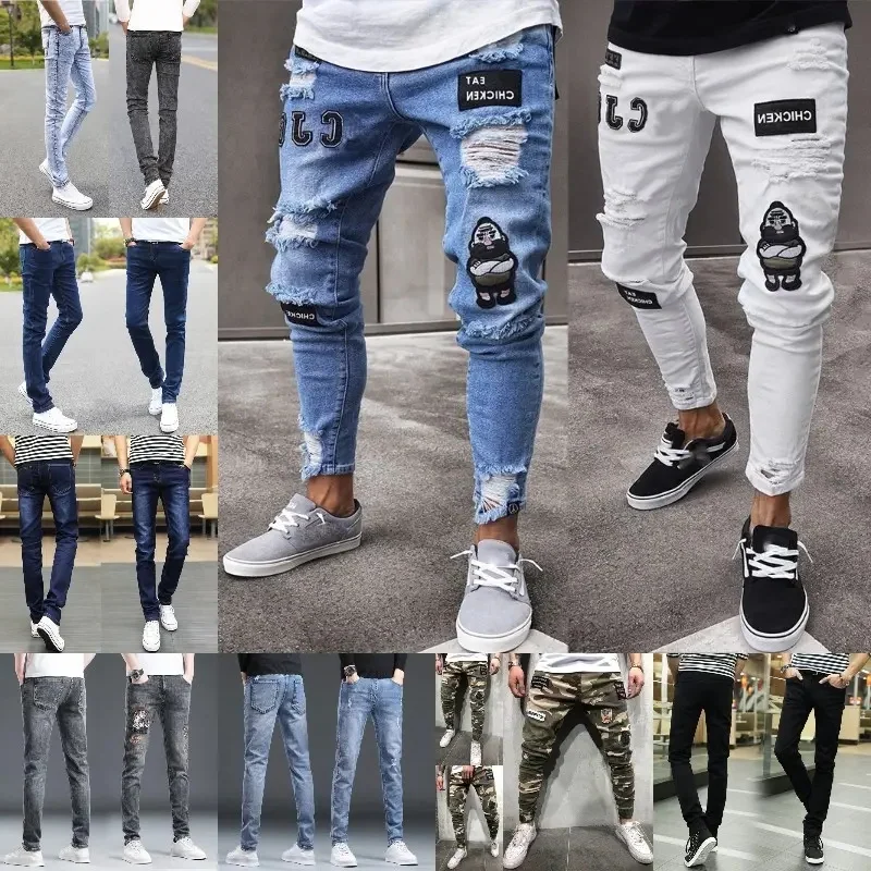 Men's Skinny Stretch Jeans Fashion Printed Slim Fit Jeans Comfort Flex ...