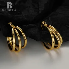 Icebela Fine Jewelry Geometric Multi Layer Lines Girls Trendy Clip On Earrings Hypoallergenic Chunky Hoop Earrings For Women