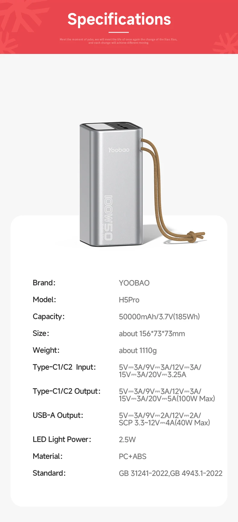 50000mAh YOOBAO H5 Pro High-Capacity Power Bank 100W Fast Charging for Laptop with LED Light Digital Display & Lanyard