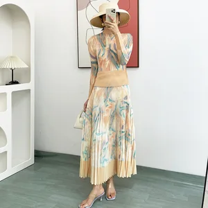 Miyake Women's Spring Fashionable Two-Piece Set Casual Loose Elastic Pleated Top A-Line Skirt With Turtleneck Collar