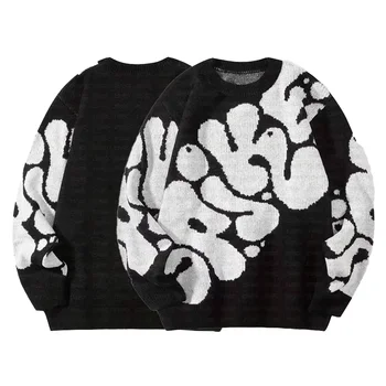 Custom Men's Long Sleeve Crew Neck Sweater Loose Fit Knit Top with Abstract Letter Jacquard Pattern Street Style for Winter