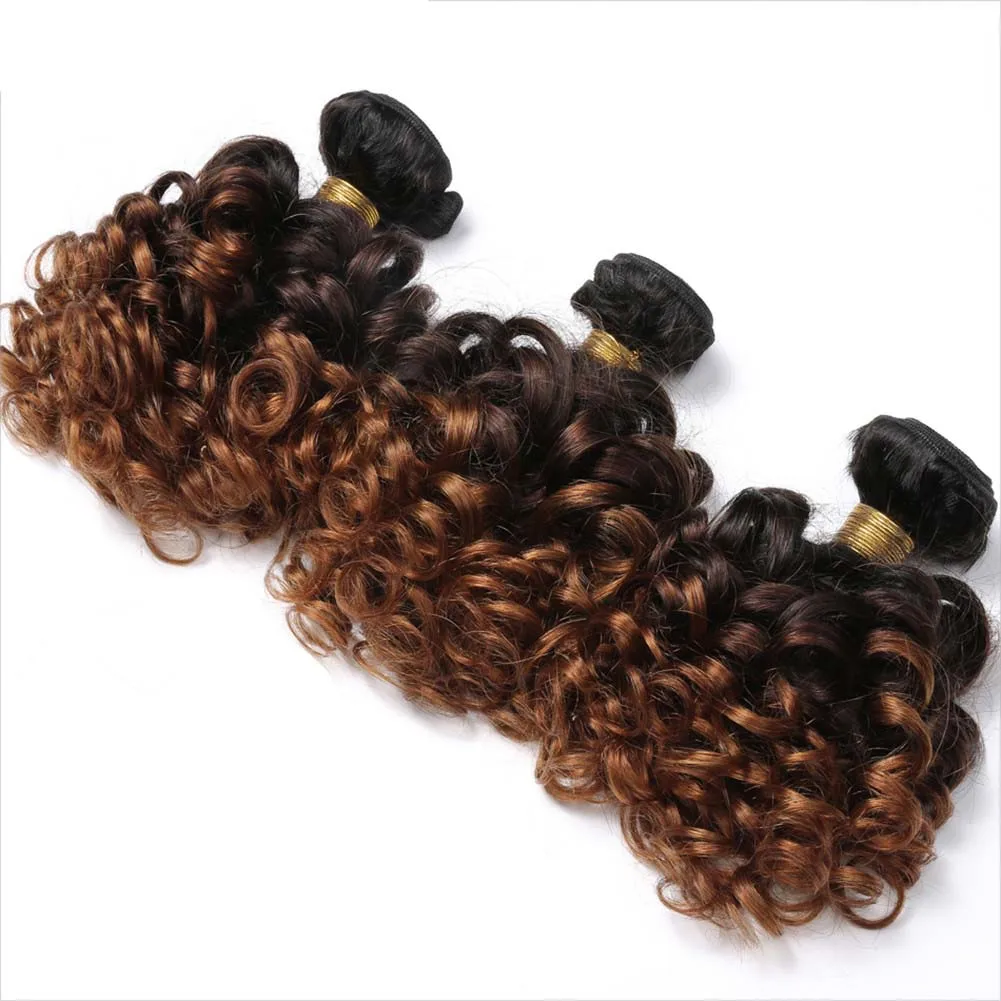 Ombre Bundles with Frontal Brazilian 1b/4/30 Human Hair Bouncy Curly Bundles with Closure Short Curly Human Hair Wave Bundles