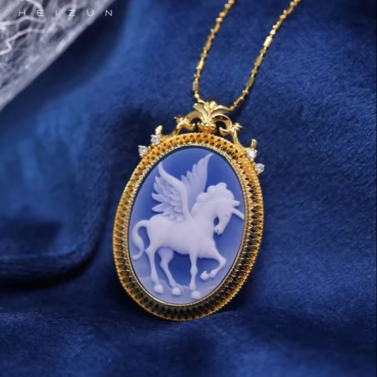 Heizun Factory Handcard Carved Pegasus Cameo Sterling Silver Gold 
