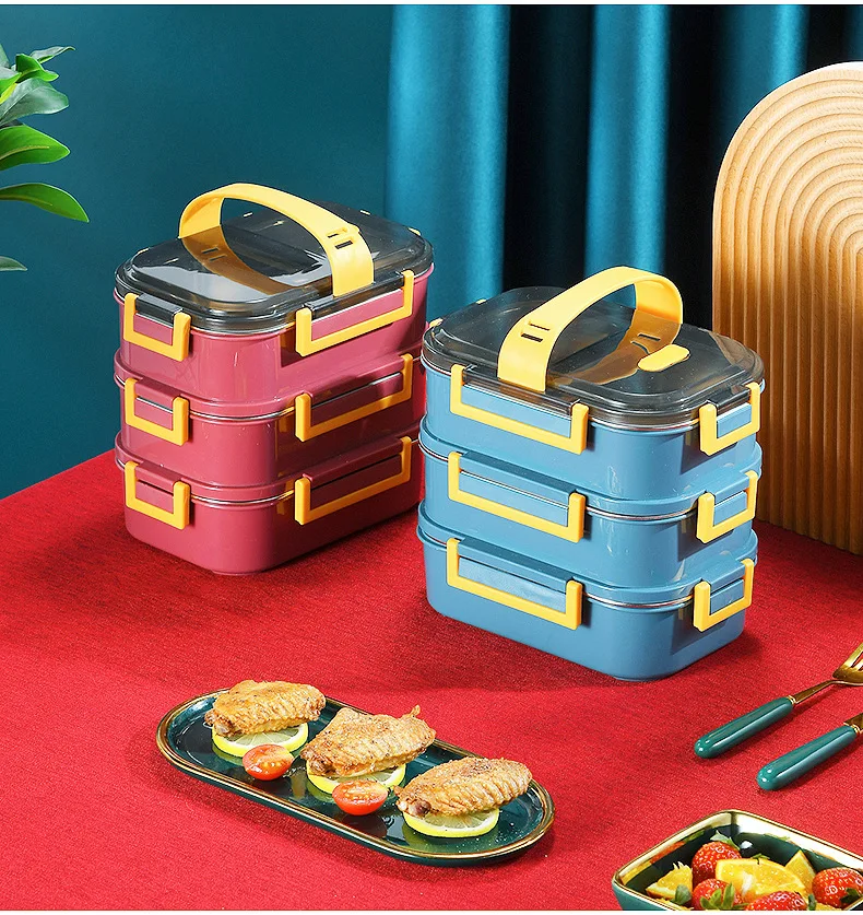 304 Stainless Steel Insulated Lunch Box Sealed Freshkeeping Threelayer Compartment Lunch Box