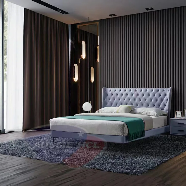 Quality European style luxury bedroom furniture antique solid wood genuine leather twin king size hotel bed mattresses