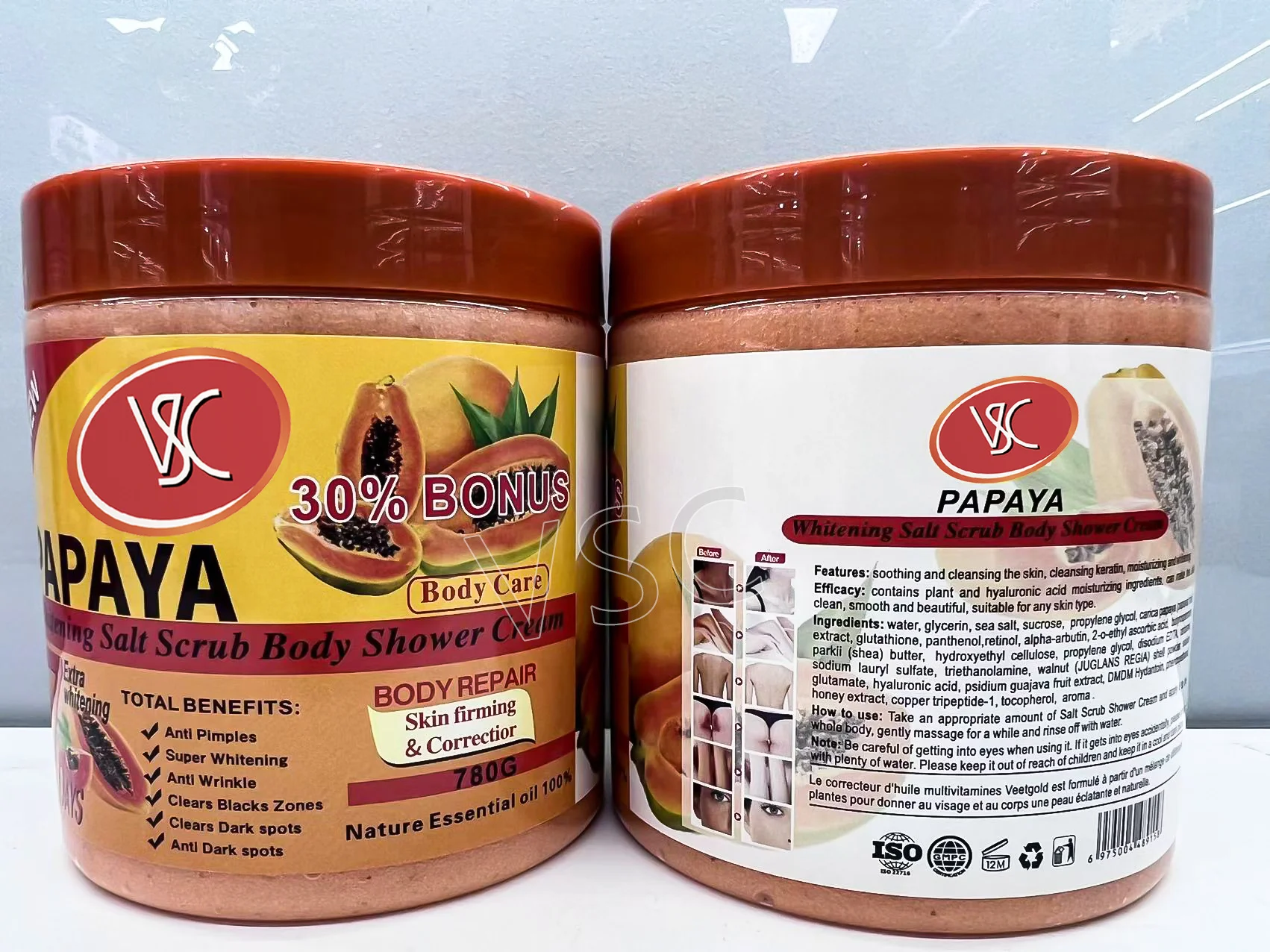 Gommage corporel au sel blanchissant au curcuma, crème de douche, vente en gros, éclaircissant, nettoyant pour le corps et le visage, exfoliant les taches brunes, soin de la peau