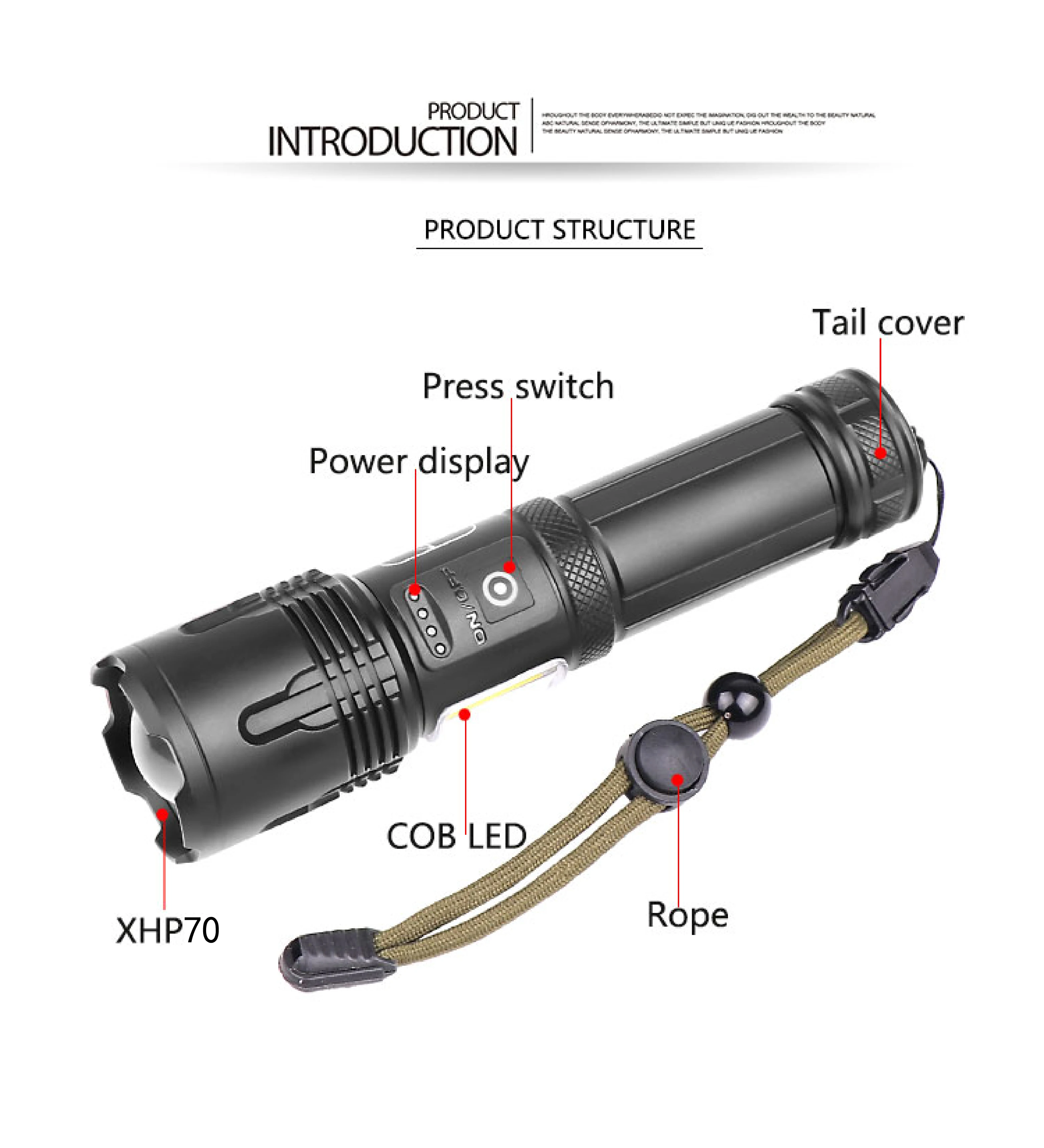 Powerful Waterproof Zoomable Rechargeable XHP70 LED Emergency Tactical Flashlight with Cob Sidelight Torch Flashlight Hunting manufacture