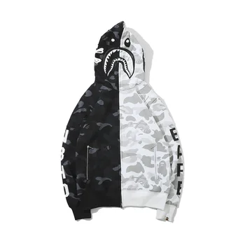 New Fashion Men's Casual Hoodies Black And White Ape Shark Skull Camouflage Stitching Fleece Jacket