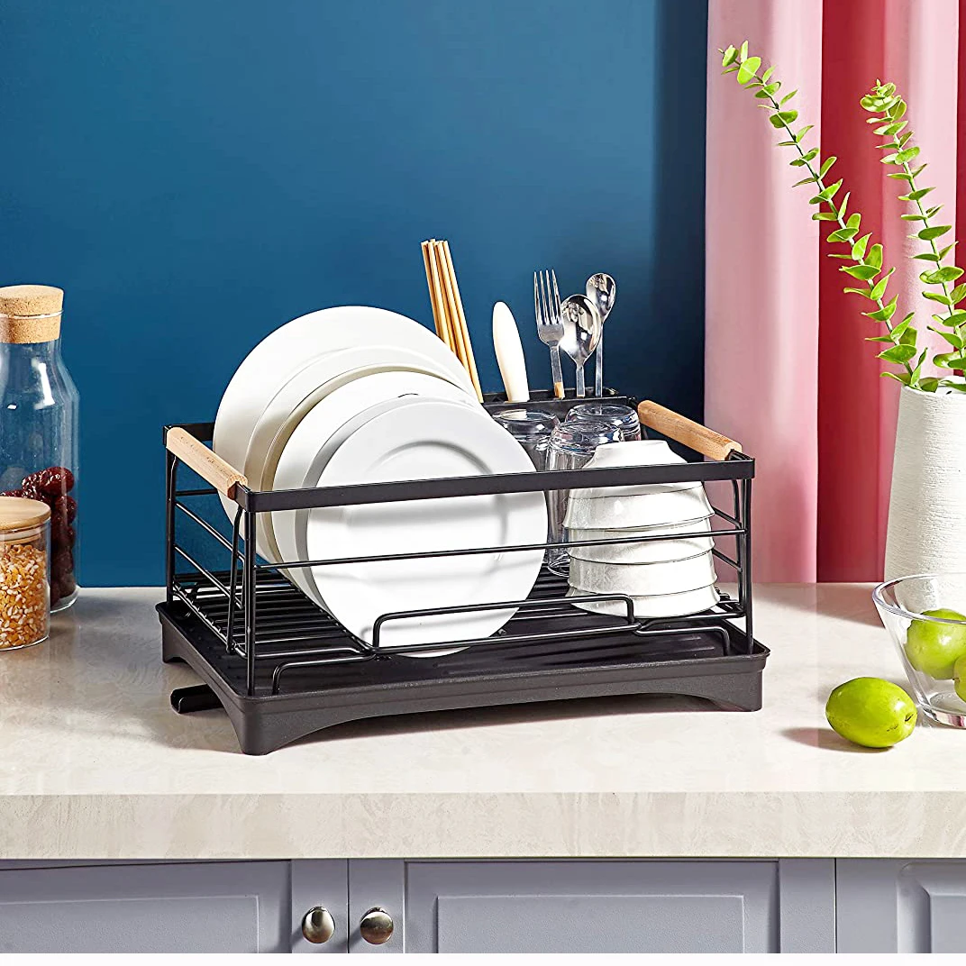 Dish Drying Rack with Drip Tray Stainless Steel Dish Drainer with Wooden Handles and Cutlery Holder