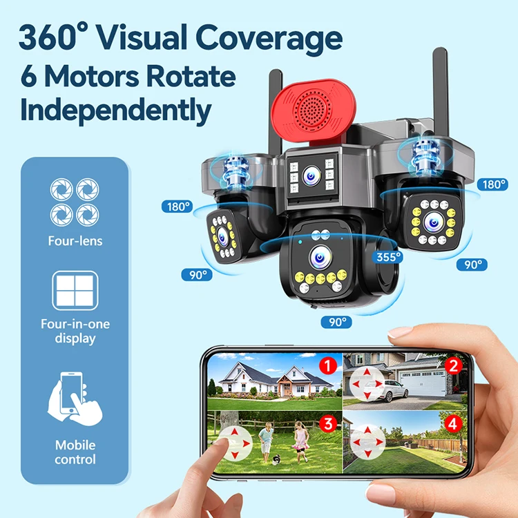 Outdoor solar security camera with four surveillance lenses
