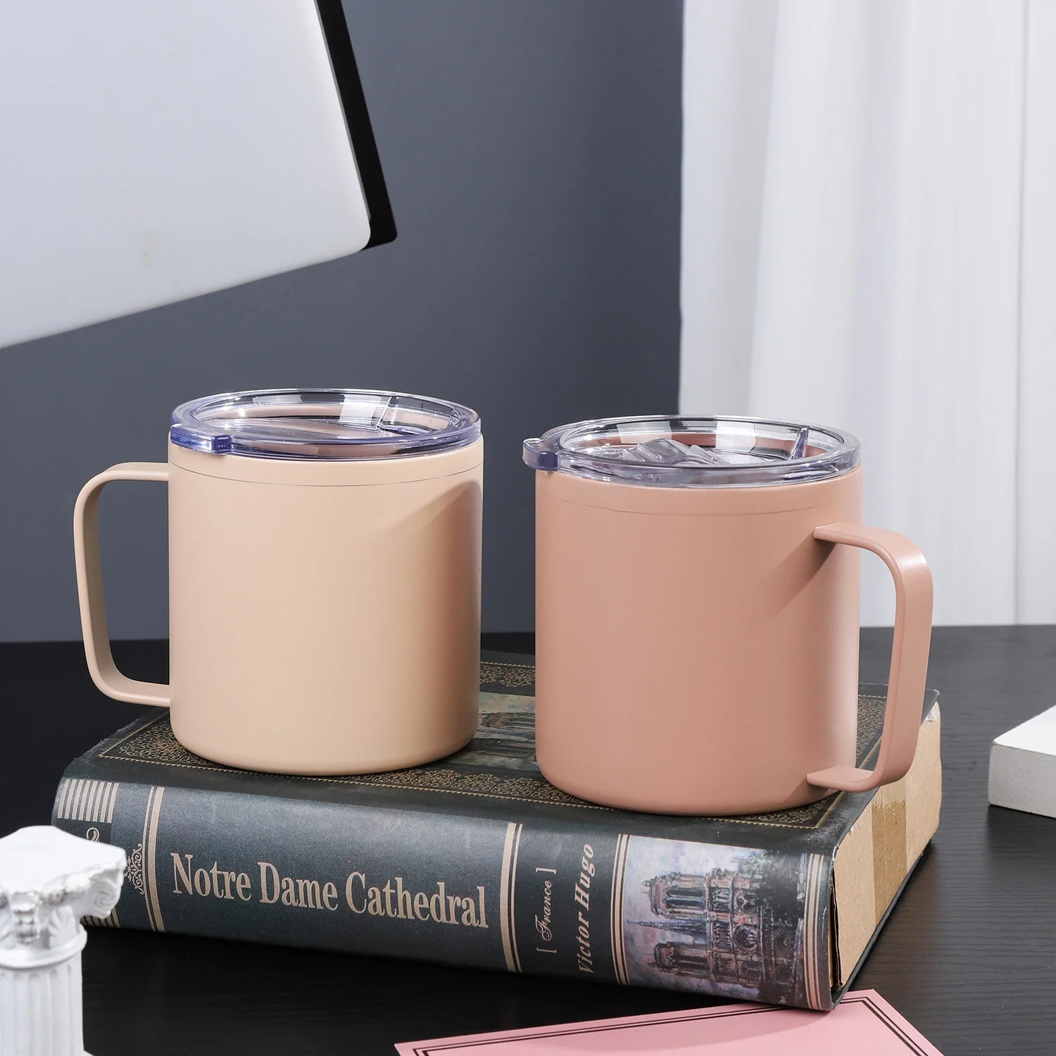 Cross-border 304 Stainless Steel Insulated Double-layer Vacuum Coffee Gift Cup 12OZ Handle Office Customizable 6-12 Hours