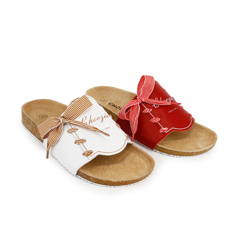 Choozii Free Custom Embossing Logo Ladies Slippers Leather Upper Cork Sole Fashion Outdoor Slides Slippers for Women