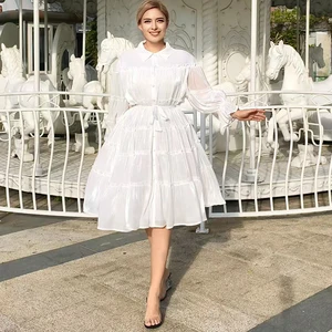 Factory Wholesale Custom Chic Women Spring Summer Loose Dress Women Lantern Sleeve Turn-down Solid Belt Ruffles Casual Party