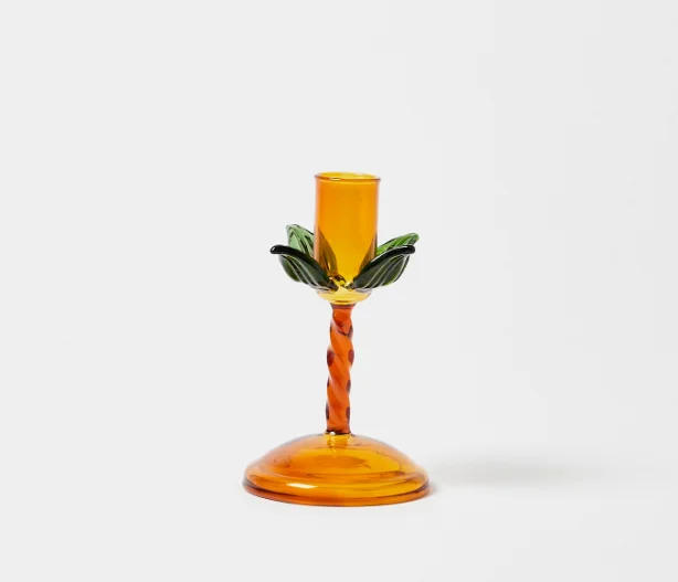 Custom Made Handcrafted Colored Palm Tree Glass Candlestick Holder with Twisted Stick and Tapered Base