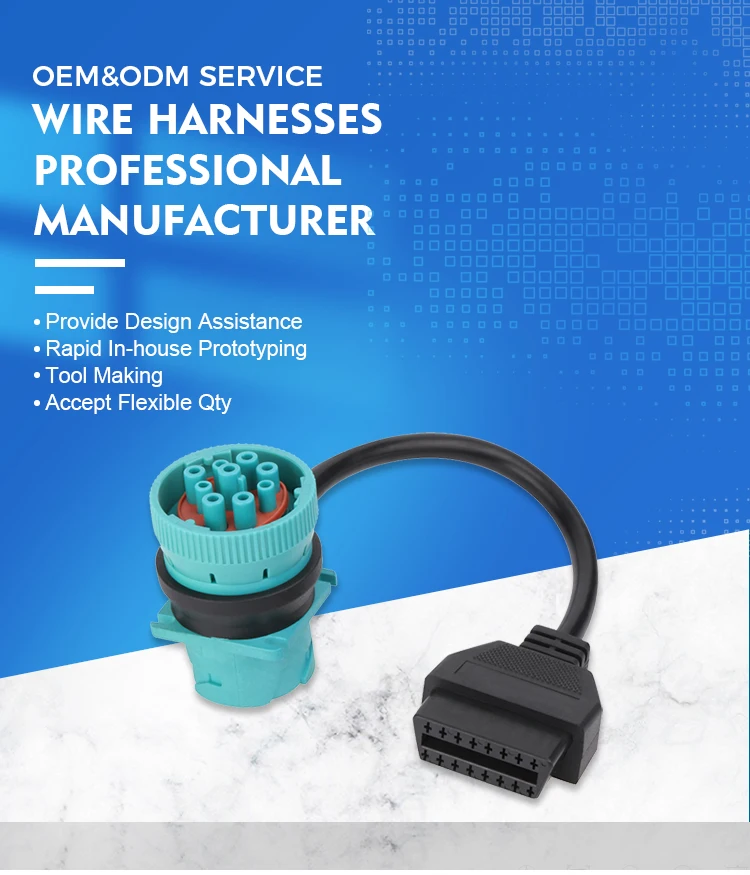 product custom cables j1939 9pin to obd obd2 j1962 12 24v connector automobile wiring harness-2