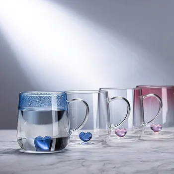 56H Heart Single Layer Glass Cup Gradient Blue Couple Warm Heart Cup with Creative Love Milk Juice Water Glass Cup
