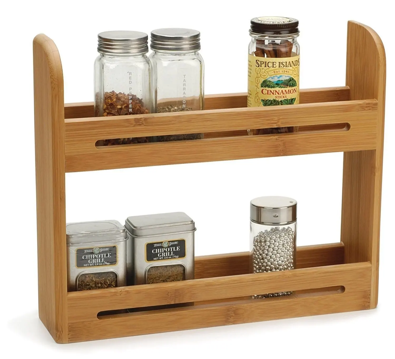 Wholesale Bamboo Wall Mounted Spice Rack Hanging Jars Storage Organizer 2-Tier Wooden Spice Bottle Holder for Kitchen