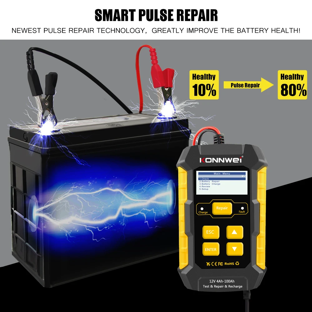 Konnwi KW510 5A Multifunction Battery Charger for Cars Motorcycles Trucks with Built-in Tester and Repair Function