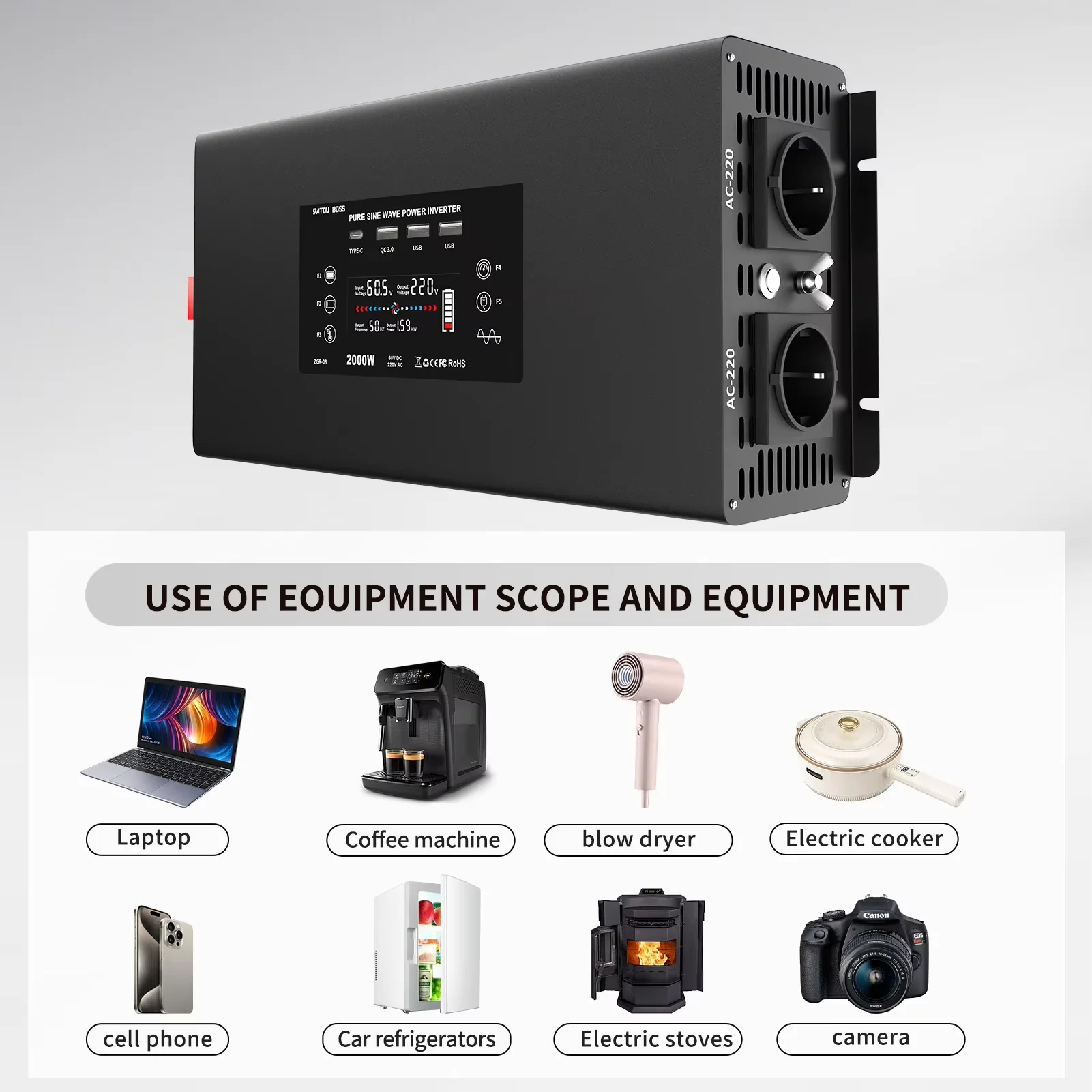 Lokaler Lagerbestand EU DATOUBOSS 2000W 12V 24V auf 220V Zweistecker-Off-Grid-Spannungswandler & -Konverter für Auto, LKW, Wohnmobil/LKW/Haus_voghion.com