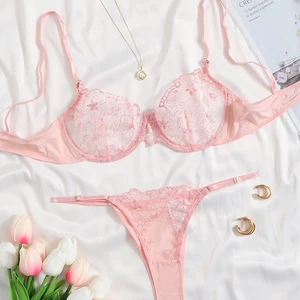 Hot Selling Underwear Lingerie Set Pink Color Sheer Mesh Embroidery Underwire Girl Bra Set