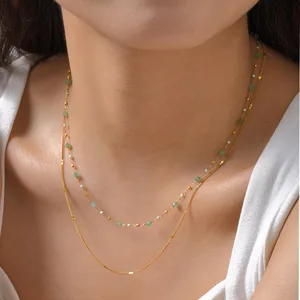 Summer Simple Stainless Steel 18k Gold Plated Clavicle Chain Necklace Green Fluorite Double Layer Bead Necklace