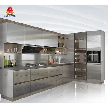 High Gloss l shape Gray Modular stainless steel metal set price aluminum Kitchen Cabinets