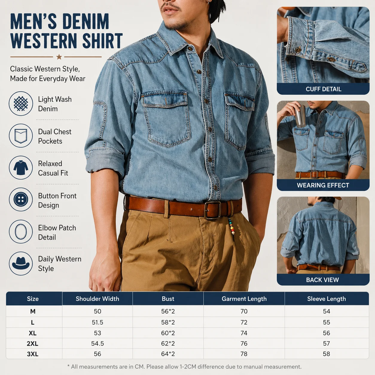 American Retro Western Cowboy Shirt Men Amekaji Long Sleeve Casual Denim Workwear Washed Tough Guy Jacket