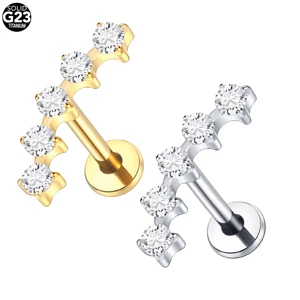 Implant Grade G23 Titanium Internally Threaded 5 Zircon Curved Top Trendy Wedding Gift Earring Tragus Piercing Labret Lip Studs
