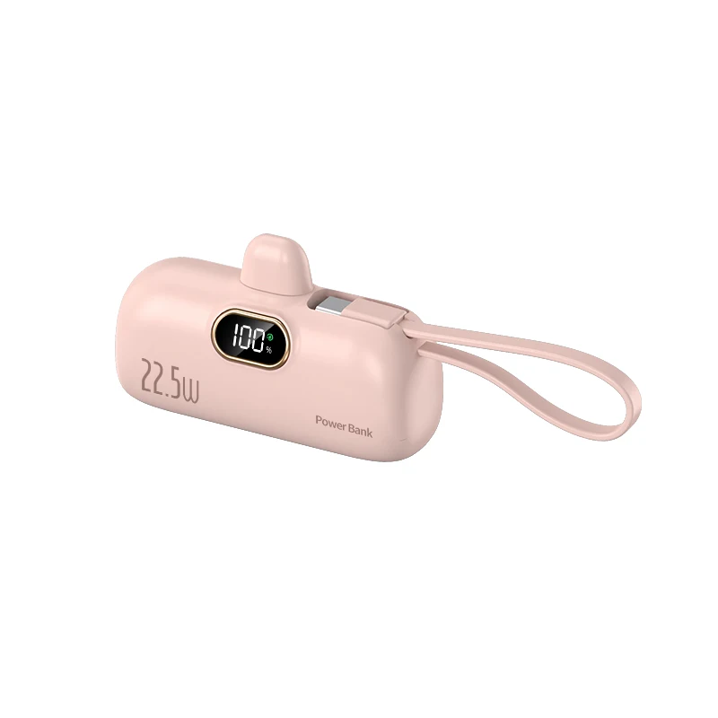 2 in 1 Mini Capsule Power Bank 5000mah10W 22.5W LED Display Built-in Cables Emergency Battery Portable Charger with Hanging Rope