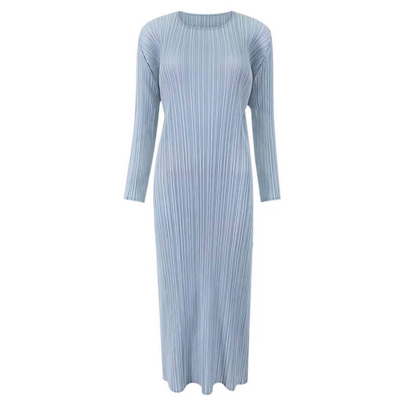 Pleated Basic Long Sleeve Solid Color Dress Women's Mid-Length Simple Slim Fit Slit Spring and Autumn Base Skirt