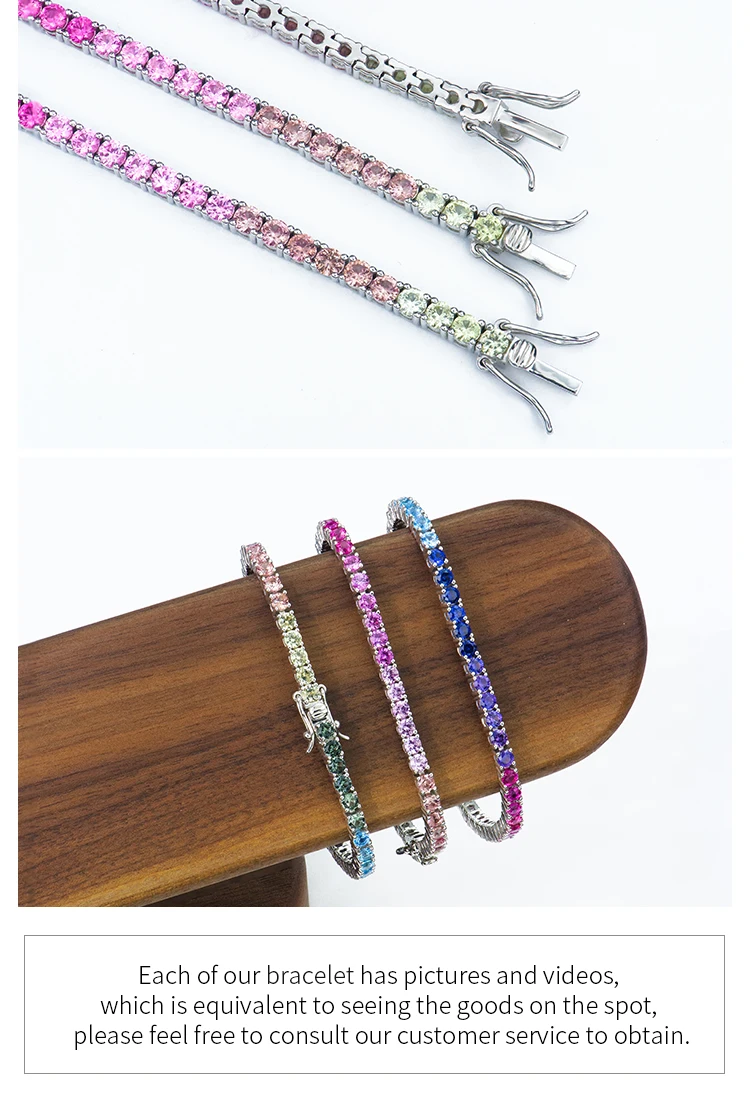 2024 新款女士高品质宝石首饰 925 纯银 3 毫米彩虹色刚玉网球彩虹手链