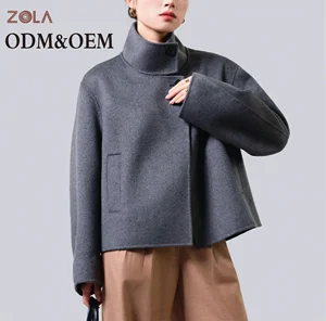 Women's Winter Wool Coat Hot Sale Casual Short Double Sided with Turtle Neck Different Colors Plain Dyed Button Decoration
