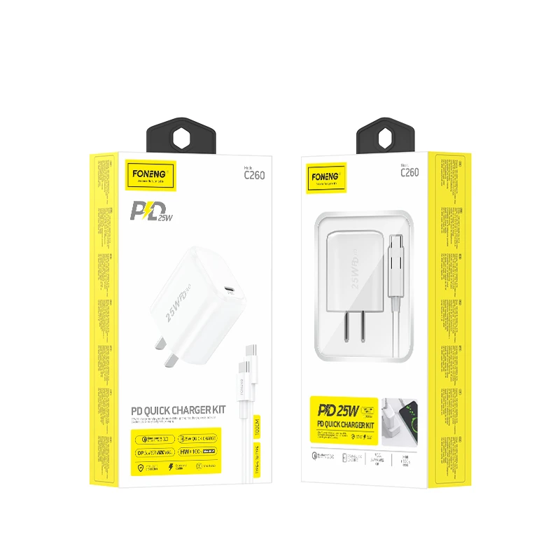 Foneng C260 PD Mobile Phone Charger, 25W Super Fast Charger, Smooth Charging After Fast Charging, 2022 Top Sales, 1 Set
