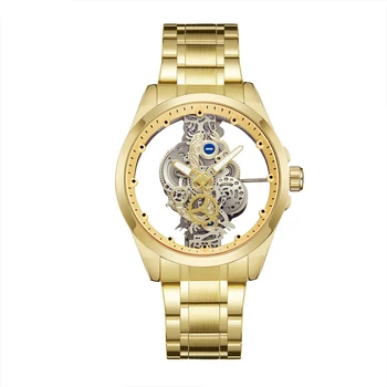 Gold Skeleton Waterproof Leather Custom Watch Men Luxury Orologio Uomo Relojes De cuarzo Para Hombre