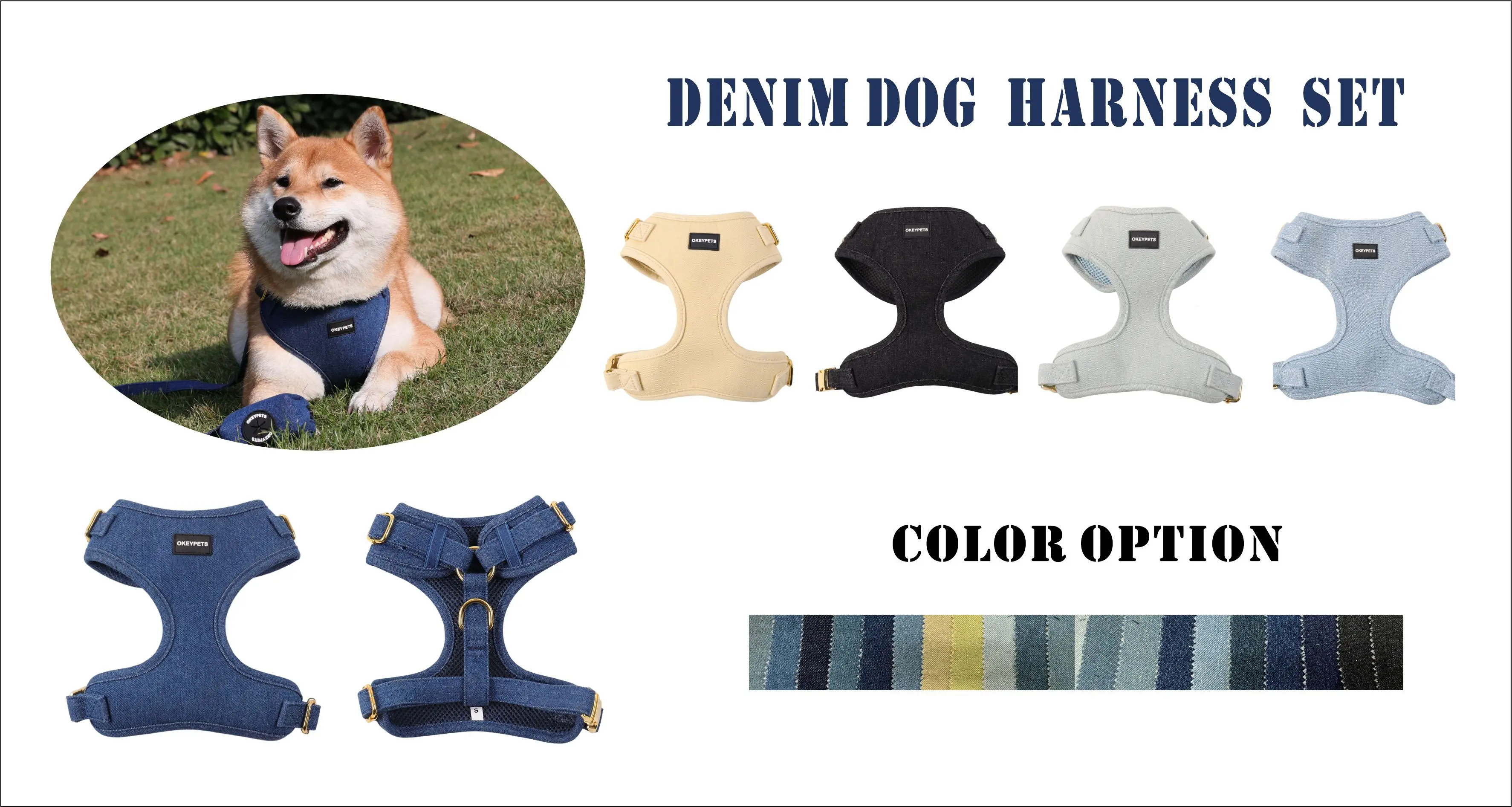 New Designer Denim Soft Dog Harness And Leash Set Heavy Duty Adjustable