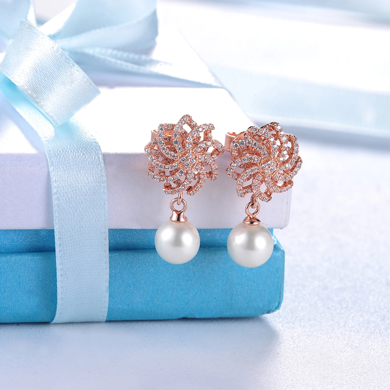 Hot selling Jewelry 925 Silver Rose Gold Plated Sweet Cute Flower White Pearl Earring Jewelry(图6)