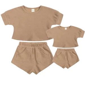 Family Matching Clothes Summer Waffle Set Casual Oversize T Shirt and Short 2 Piece Outfits Mommy and Me Outfits
