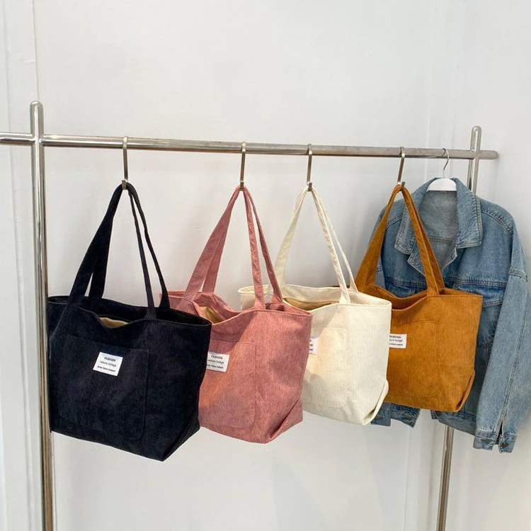 Eco Friendly Reusable Girls Small Large Shopper Corduroy Totes Shoulder Bags With Custom Printed Logo