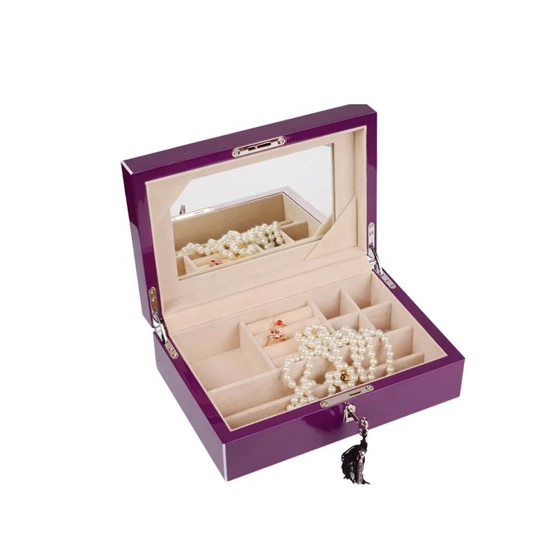 Custom High Gloss Lacquer Luxury Gift Wooden Jewelry Packaging Box With Mirror
